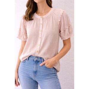 DOWNEAST Blush Pink Ruffle Sleeve Button Front Blouse Top Cottagecore | Small